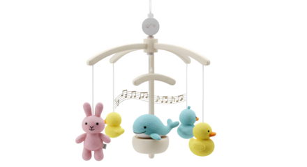Soft, plush baby mobile spins on black. Staging for product photography, social media, baby branding, or posters.