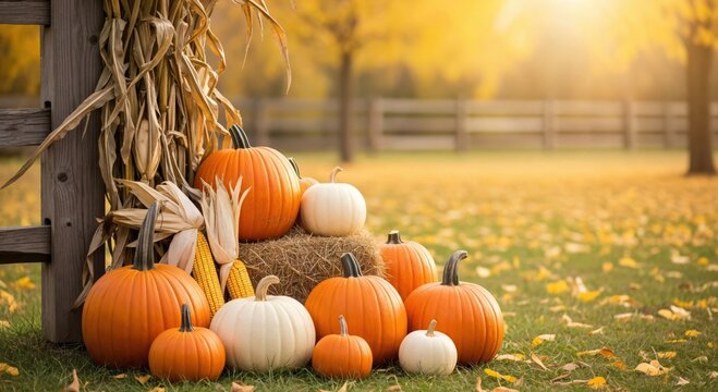 A vibrant autumn display of pumpkins and corn stalks. Rustic fall harvest scene with gourds on a hay bale against a wooden fence.