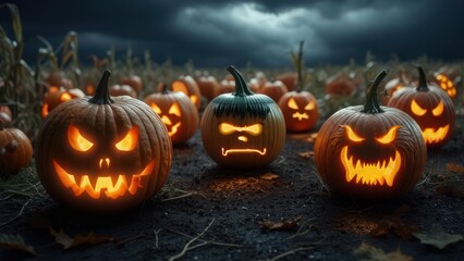 Halloween pumpkins in a field at night