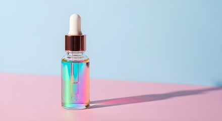 Dropper bottle with colorful liquid on pastel background in minimal design