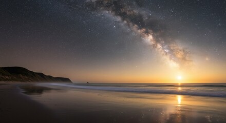 Golden Dawn Seascape with Milky Way