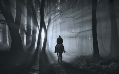 A lone rider on horseback travels through a dark and misty forest