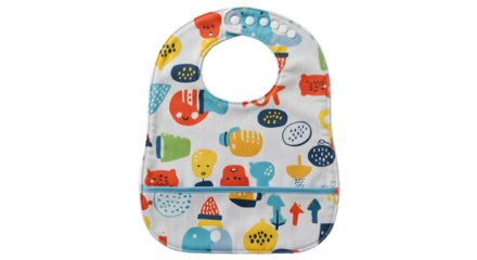 White bib with colorful cartoon pattern has flat lighting; for product photography, marketing, or children's products.