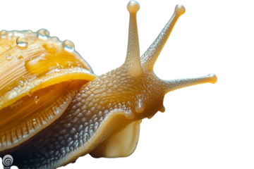 Close-up of a yellow snail with detailed textures and droplets on its shell.