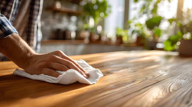 Person cleaning a wooden table routine household maintenance in a circular motion. Becareful wiping table. Person cleaning a wooden table with a cloth, wiping away dust, spills. 