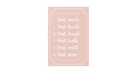 Pink card displays baby milestones in white, designed for parenting blogs, social media, or baby product photography.