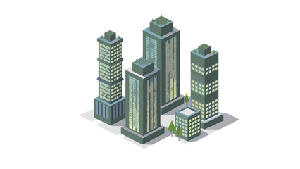 Isometric view of a city skyline with tall buildings and trees in a modern architectural design