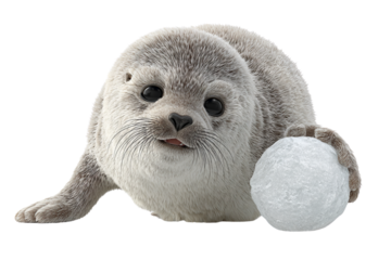 Playful Seal Pup Pushing a Snowball or Ice Chunk  Front Angled View  Transparent Background