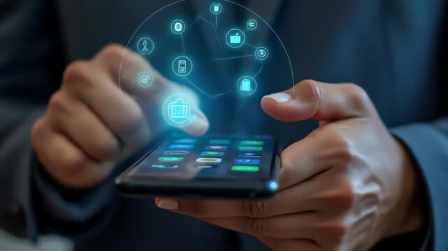 Businessman interacting with smartphone and digital icons in office  