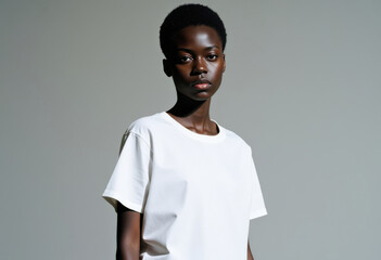 Obraz premium Elegant portrait of a woman in a plain white T-shirt, exuding confidence and poise
