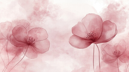 A soft watercolor painting depicts delicate pink flowers with thin stems against a light, hazy background. The artwork has a gentle, dreamy feel.