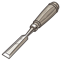 A detailed illustration of a sharp woodworking chisel with a wooden handle on a white background