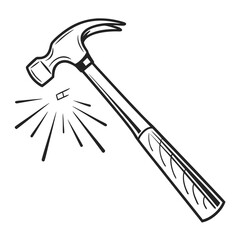 A simple black and white illustration of a claw hammer striking a nail with sparks flying