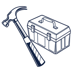 A stylized illustration of a claw hammer and a toolbox on a white background
