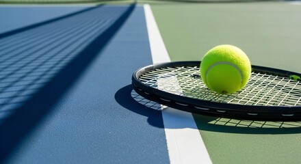 A bright yellow tennis ball rests on a racket's strings against a blue and green court surface