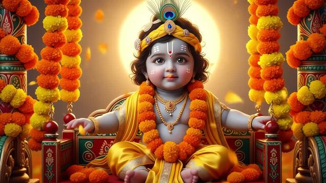 Divine Baby Krishna Gently Swings Amidst Falling Marigold Petals.