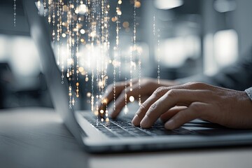 Person typing on laptop with digital data overlay (1)