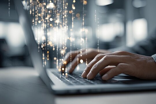 Person typing on laptop with digital data overlay (1)