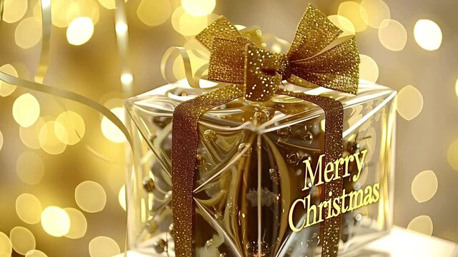 Transparent christmas gift box rotating on golden bokeh background