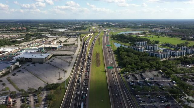 Aerial View Of Heavy Traffic In The Interstate 4 Along The Seminole Towne Center In Sanford, Florida, USA.