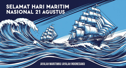 Sailboats navigating rough seas celebrating Indonesian Maritime Day with dramatic waves and vibrant art