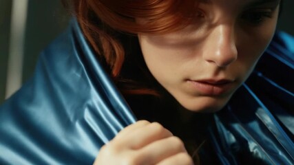 Woman with red hair touching fabric, wearing blue coat