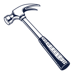 Classic claw hammer with a dark blue handle and metal head on a white background