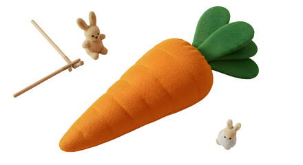 Orange carrot with bunnies on black background. Plush texture offers product photography, and spring branding.