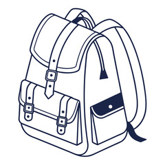 Classic navy blue line art illustration of a vintage style backpack with buckles and pockets