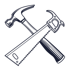 Classic woodworking tools crossed hammer and hand saw illustration in black and white outline style