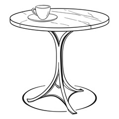 Elegant line art drawing of a marble top cafe table with a single cup of coffee on a saucer