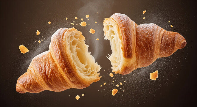 Buttery French Croissant Exploding with Texture and Steam in Mid-Air - Powered by Adobe