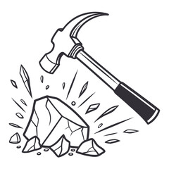 Hammer breaking a rock into pieces with shards flying outwards in a dynamic action illustration
