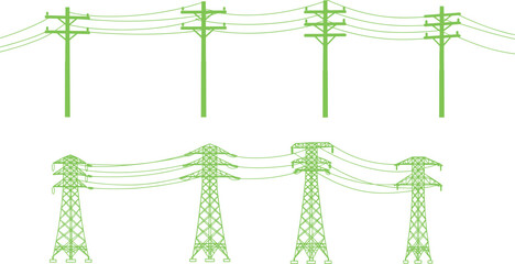 Green silhouette of electrical utility poles and high voltage transmission towers with power lines, energy infrastructure, vector design, isolated white background