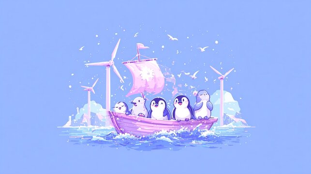 Fototapeta PASTELOWA ILUSTRACJA PINGWINÓW I FOK NA RÓŻOWEJ ŁODZI