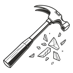Hammer striking and shattering glass pieces in a dynamic action illustration