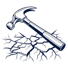 Hammer striking and breaking through cracked surface with dramatic effect and strong impact