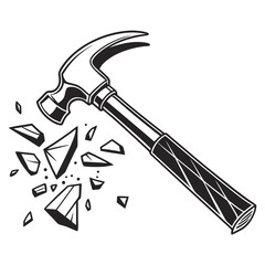 Hammer striking and shattering an object into many sharp fragments and small pieces