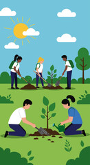 Fourteen-year-olds planting trees in a park on a sunny day.