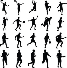 Silhouette of active people performing various dynamic sports and movements, fitness poses, athletic actions, with artistic background design elements