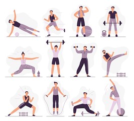Man sport activities. Strong guy in sport outfit, athletic men trainings and healthy male workout vector illustration set. Different physical training exercises. Stretching, running and weight lifting