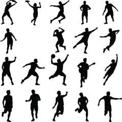 Silhouette of active people performing various dynamic sports and movements, fitness poses, athletic actions, with artistic background design elements