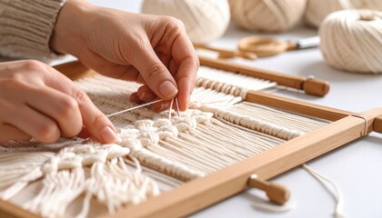 Woman Weaving Macrame Wall Hanging With White Yarn