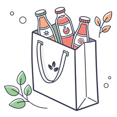 Healthy drinks in a shopping bag with leaves and circles on a white background