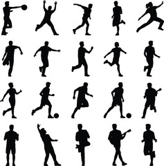 Silhouette of active people performing various dynamic sports and movements, fitness poses, athletic actions, with artistic background design elements