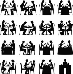 Silhouette people dining at restaurant table, couple eating and drinking, social interaction scene, café or restaurant communication, dinner conversation vector