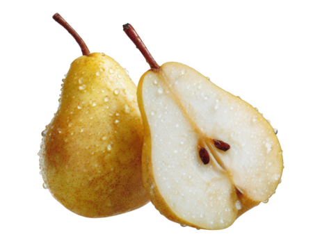Two ripe pears, one whole and one halved, with water droplets, isolated on a transparent background