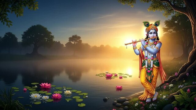 Divine Melody of Lord Krishnas Flute Echoes Across a Misty Lotus Pond at Dawn.