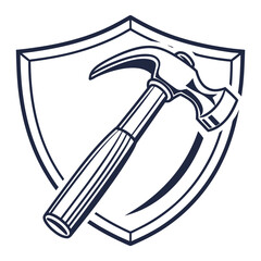 Stylized hammer and shield emblem representing strength construction and protection in a bold graphic design