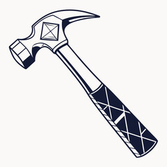 Stylized illustration of a claw hammer with a dark blue outline and white fill against a light background